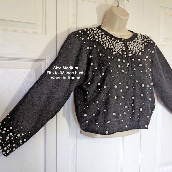 Express Tricot black sweater, White faux pearl trim Made British Crown Hong Kong - Picture 11 of 17